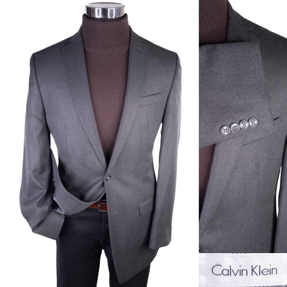 Calvin Klein Sport Coat Mens 40L Gray Herringbone Poly Blend 2 Button Dual-Vent